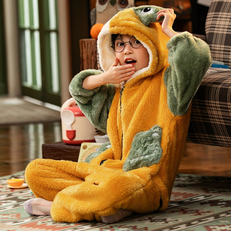 Kid Boy Thick Coral Velvet One-piece Cartoon Warm Flannel Pajamas
