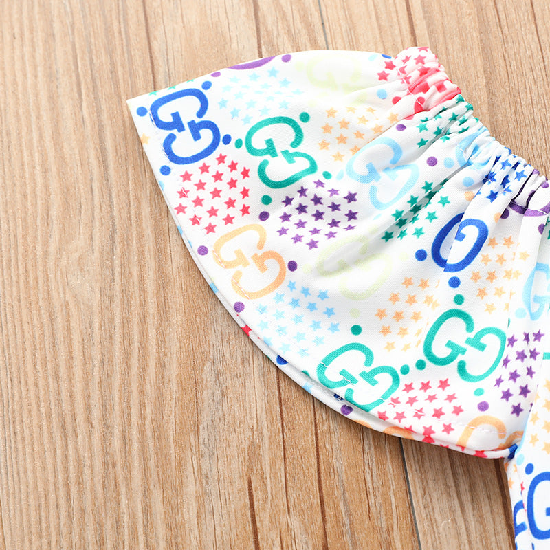 Kid Baby Girls Printed One-shoulder Jean Shorts 2 Pcs Sets