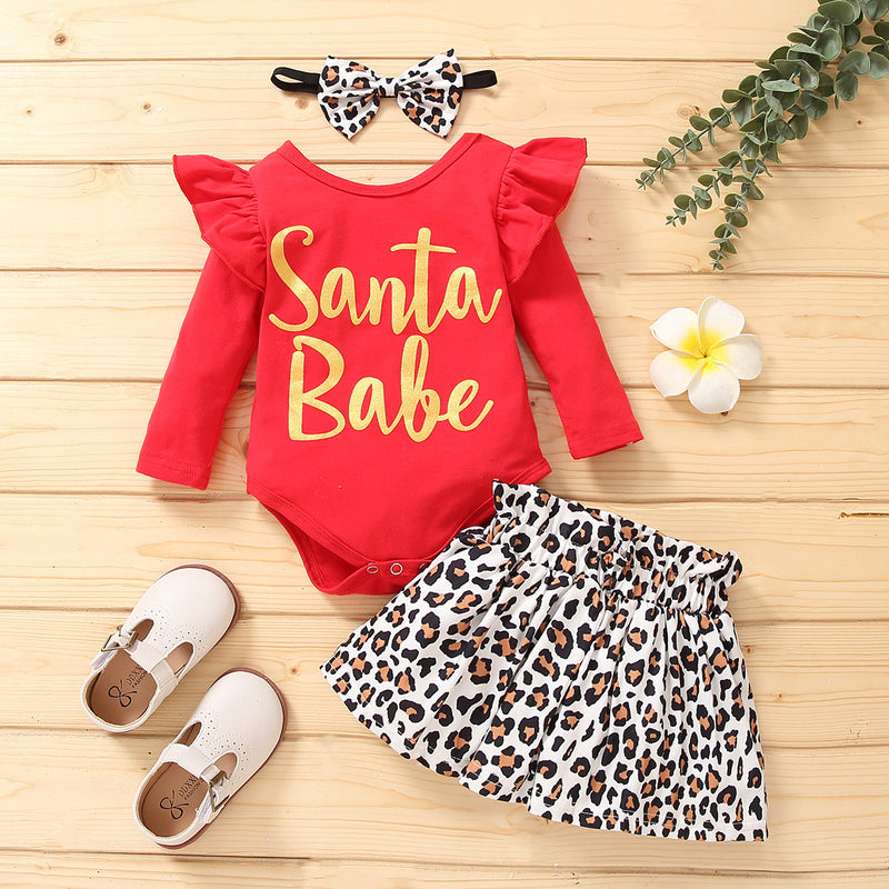 Baby Girl Monogram Print Long Sleeves Leopard Print Short 2 Pcs Sets