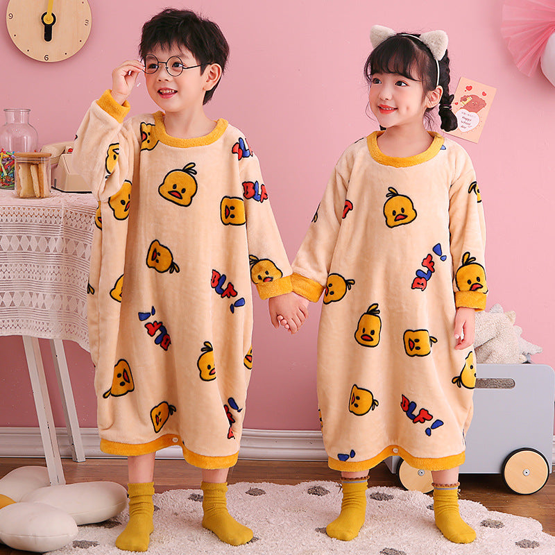 Autumn Winter Plush Kids Baby Boy Girl One-piece Cute Cartoon Coral Pajamas