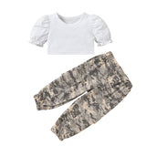 Kid Baby Girl Round Collar Bubble Sleeves Camouflage 2 Pcs Sets