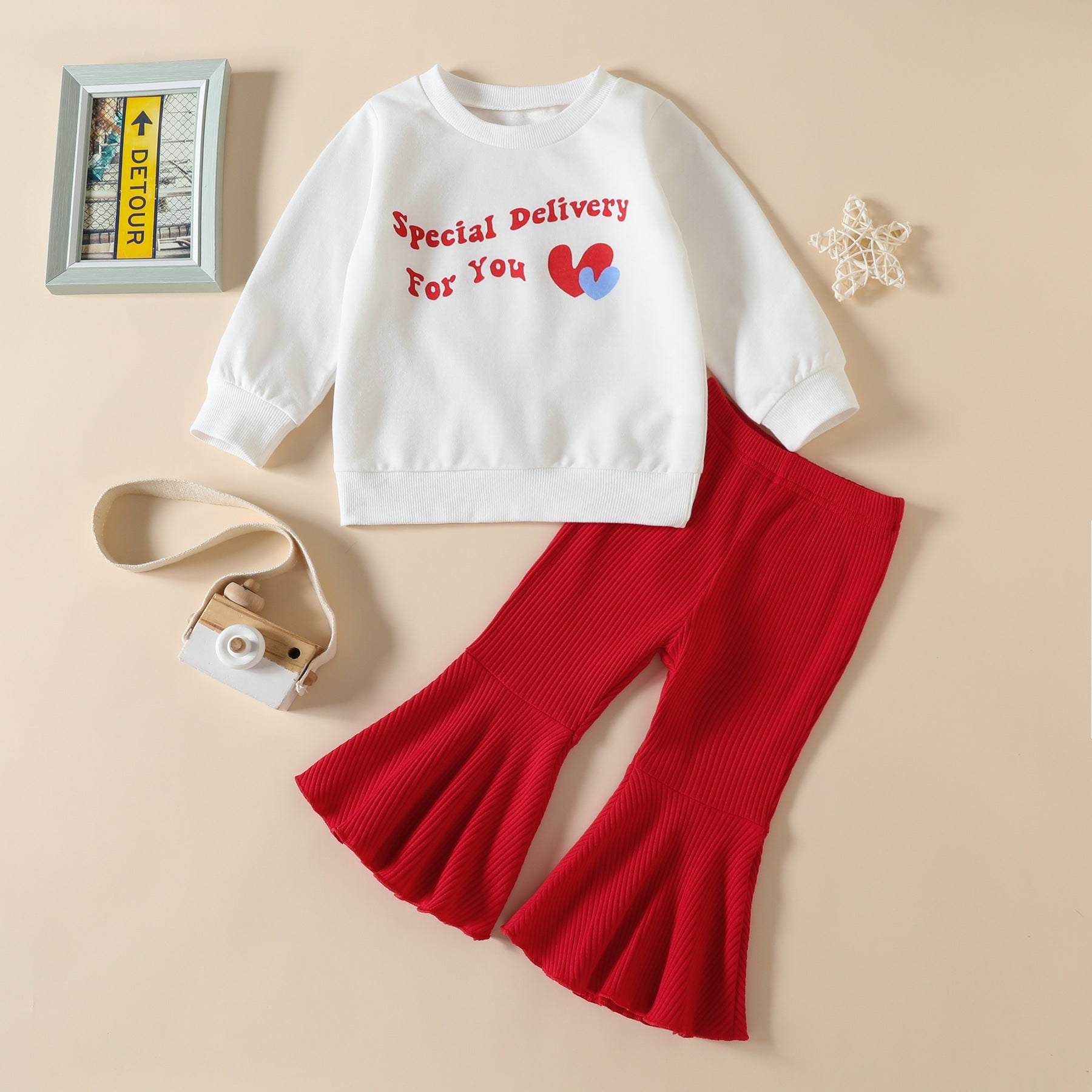 Kid Baby Girl Christmas Long Sleeve Letter Stripe Flare 2 Pcs Suits Sets