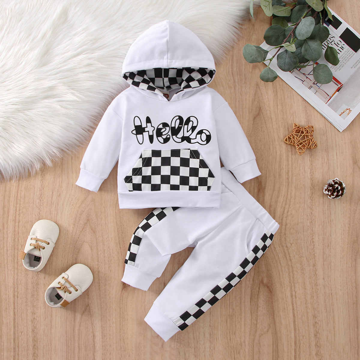Baby Boy Girl Suit Plaid Hooded Solid Color 2 Pcs Sets