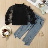 Kid Baby Boy Embroidered Mesh Bubble Sleeve Pearl Hem Jeans 2 Pcs Sets