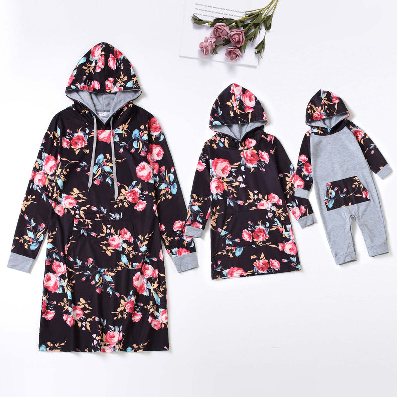 Family Matching Mother-daughter Floral-printed Black Dress