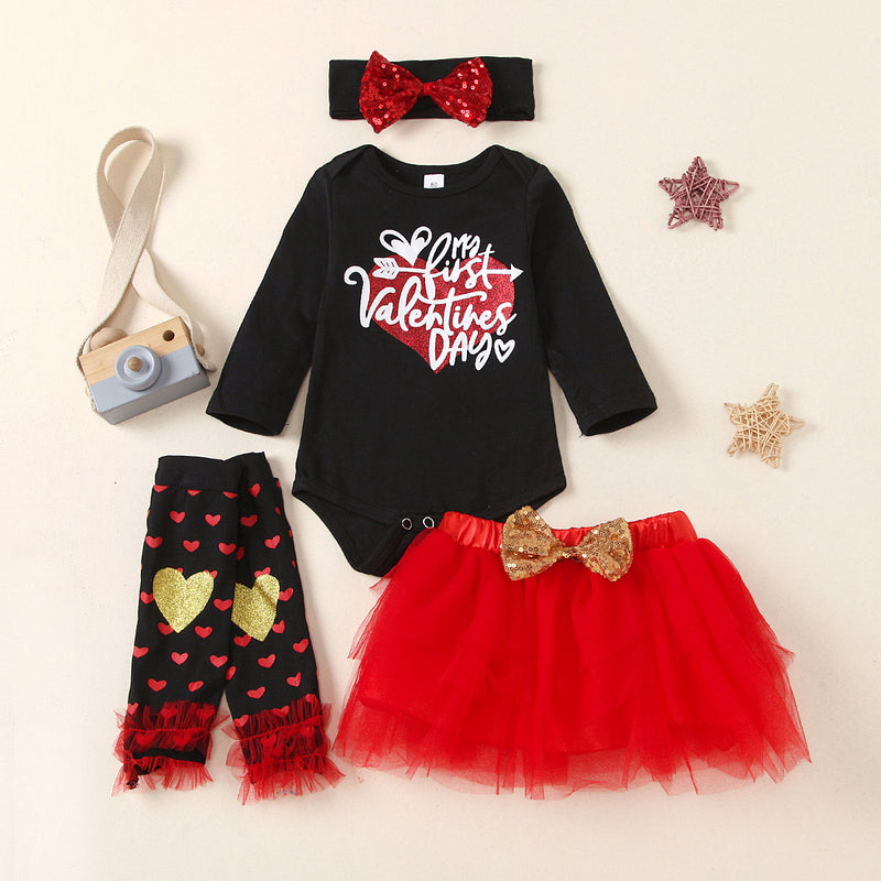 Baby Girl Valentine's Day Party Dress Black Long Sleeve 4 Pcs Sets