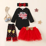 Baby Girl Valentine's Day Party Dress Black Long Sleeve 4 Pcs Sets
