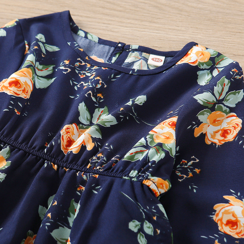 Kid Baby Girl Autumn Rose Print Multi-layer Long-sleeved Flower Dress