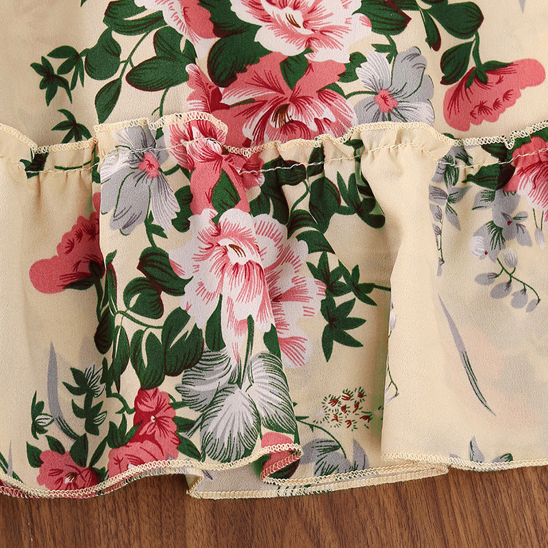 Kid Girl  Korean Long Sleeves Retro Autumn Flower Dresses