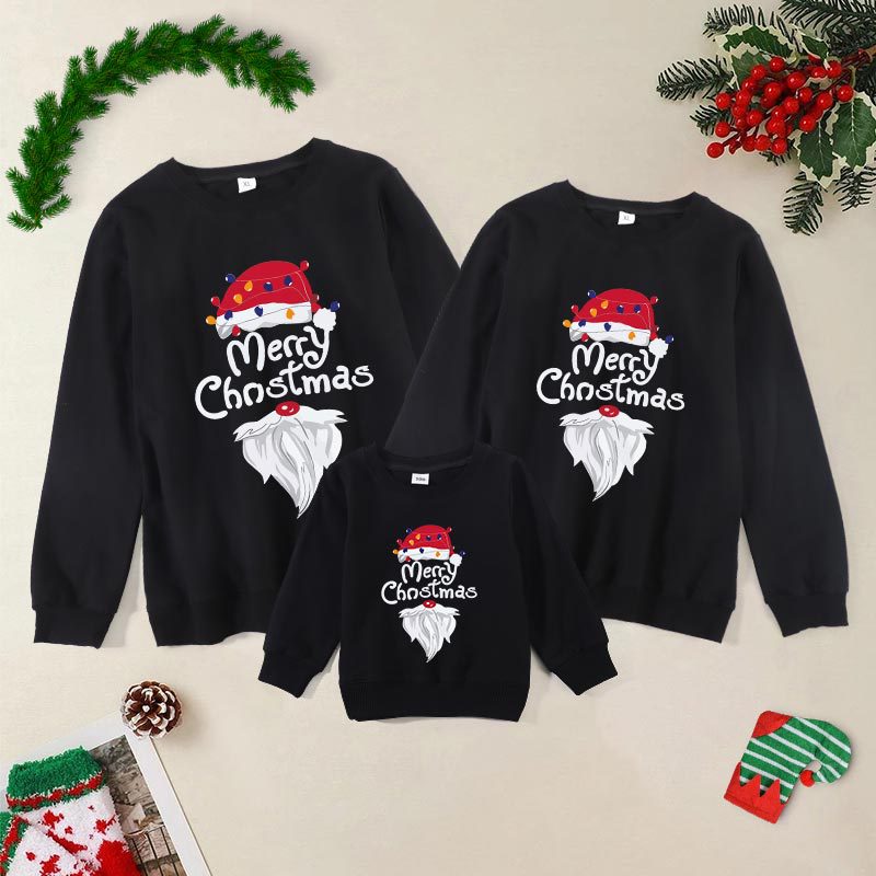 Family Matching Autumn Black Guards Santa Claus Cartoon Print Christmas Shirts Top