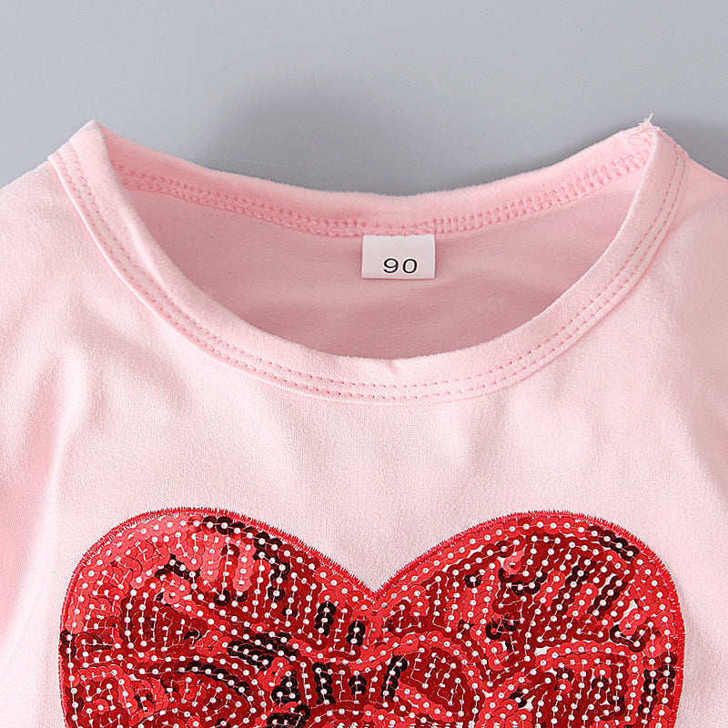 Toddler Baby Girls Valentine's Day Love Pink Trumpet Sleeve 2 Pcs Sets