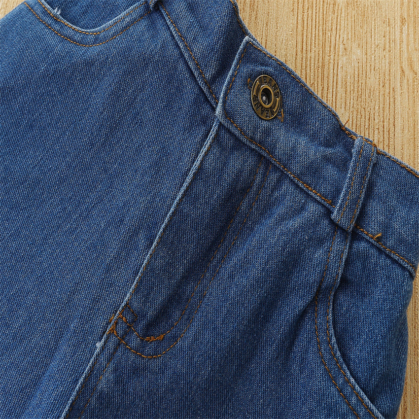 Kid Baby Girls Suit Summer Hole Stripe Bow Jeans 2 Pcs Sets