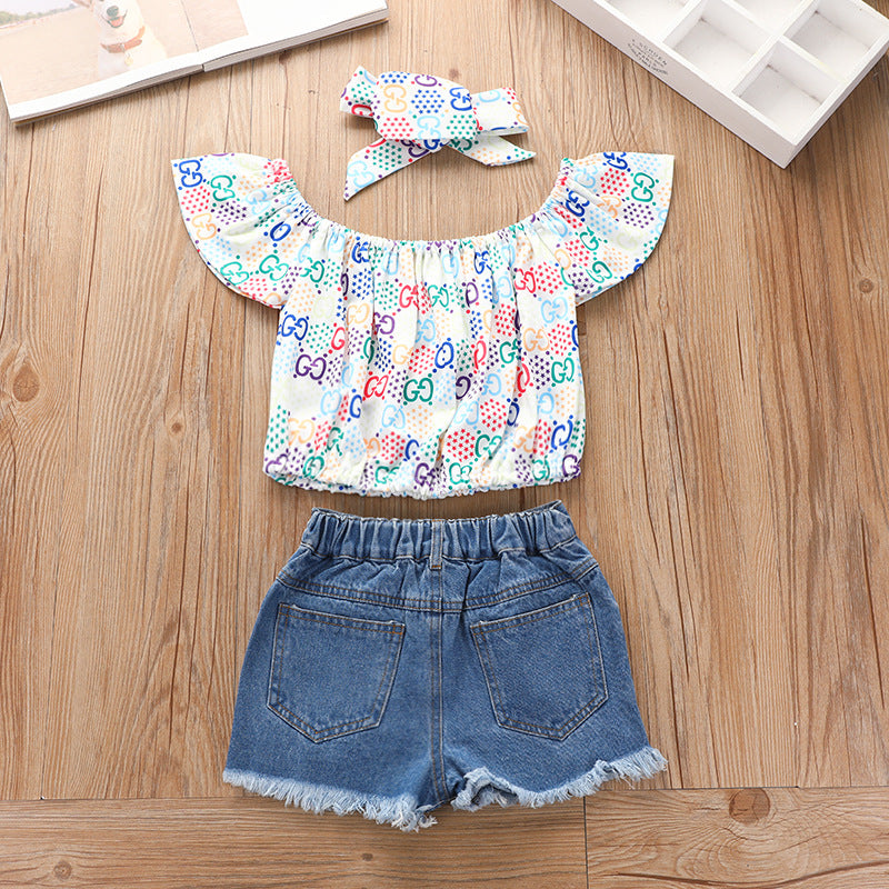 Kid Baby Girls Printed One-shoulder Jean Shorts 2 Pcs Sets