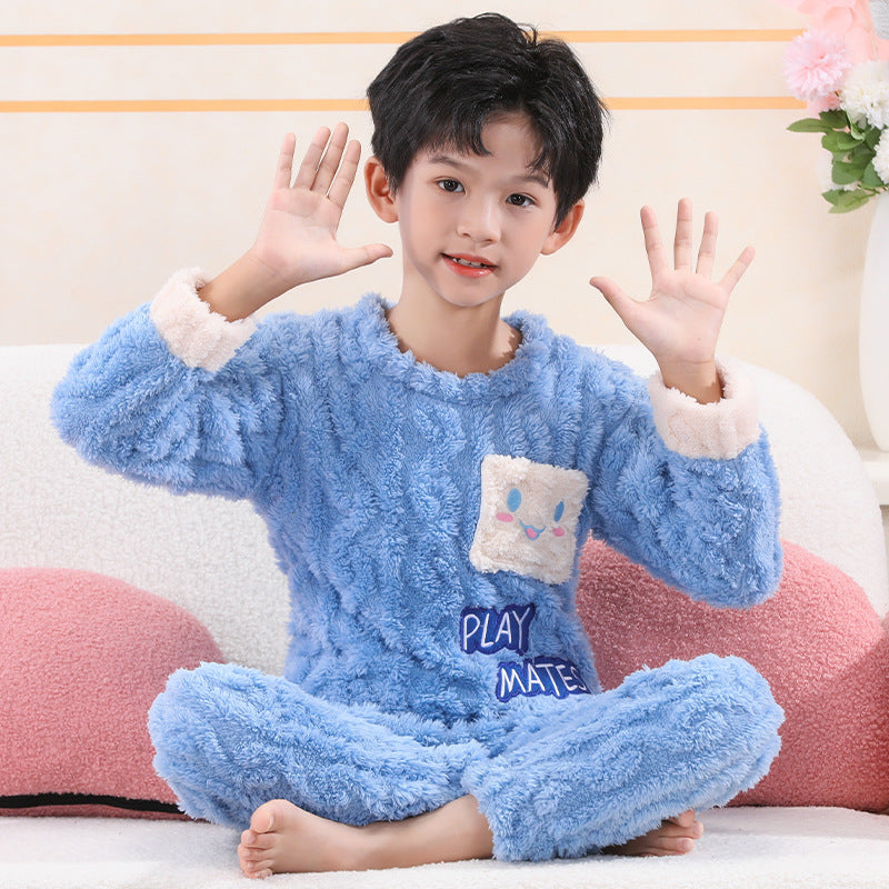 Kid Boy Girl Autumn Winter Jacquard Velvet Cute Cartoon Pajamas