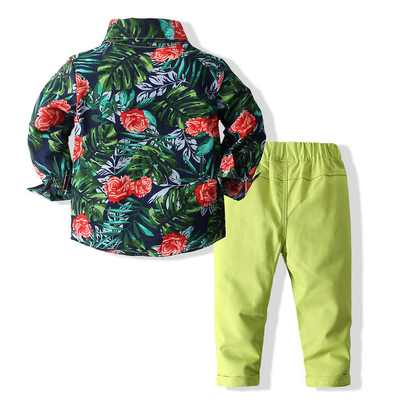 Kid Baby Boy Set Printed Long Sleeve Green 2 Pcs Suits