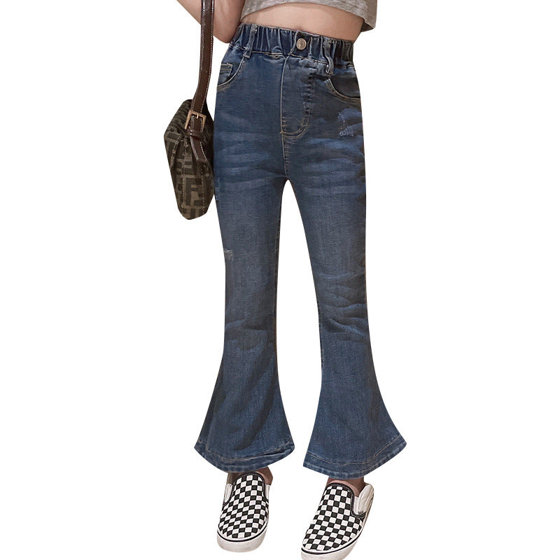 Kid Girl Teenage Jeans Spring Fashion Retro Versatile Slim Blue Denim Flared Pants