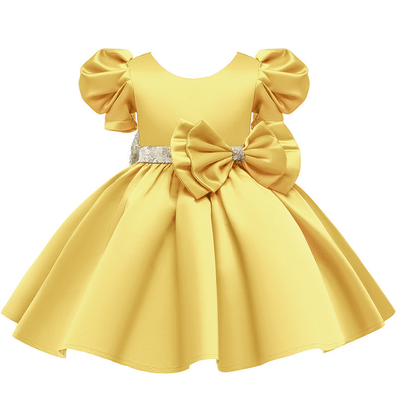 Kid Girl Princess Double Shoulder Bubble Sleeve Layer Bow Dresses