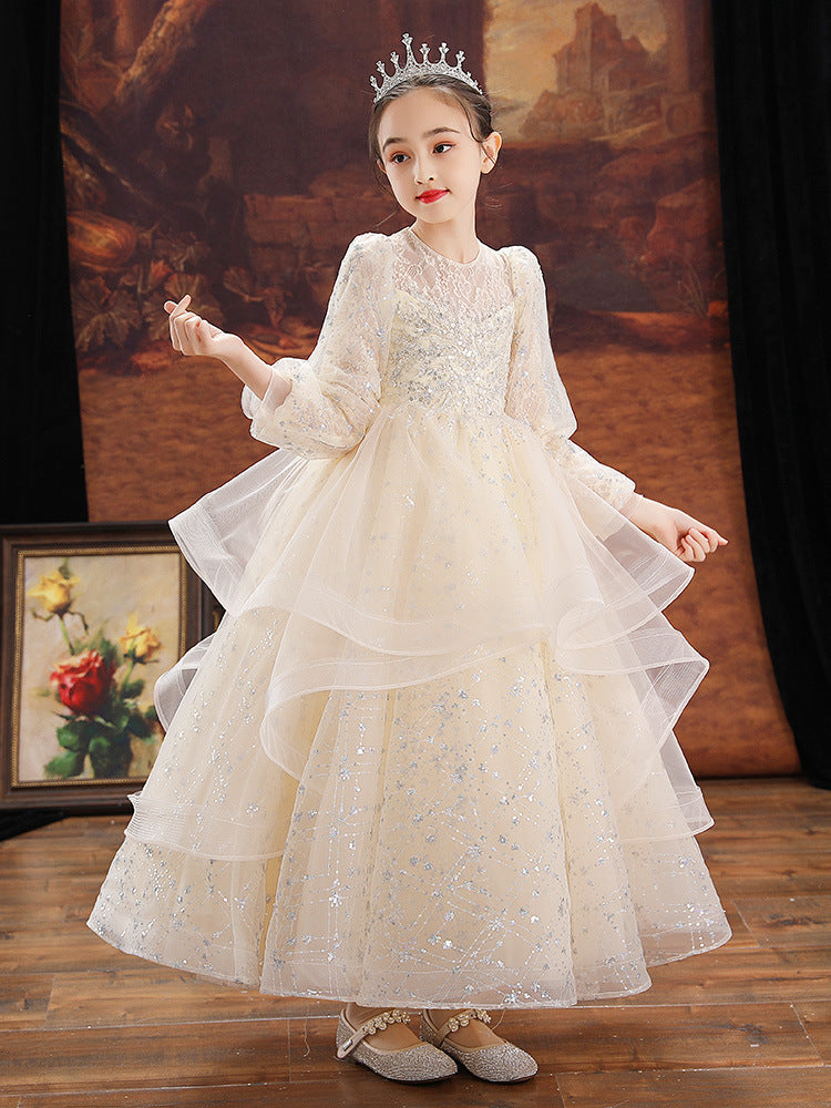 Kid Girl Flower Little Host Piano Performance Long Sleeve Dress