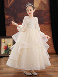 Kid Girl Flower Little Host Piano Performance Long Sleeve Dress