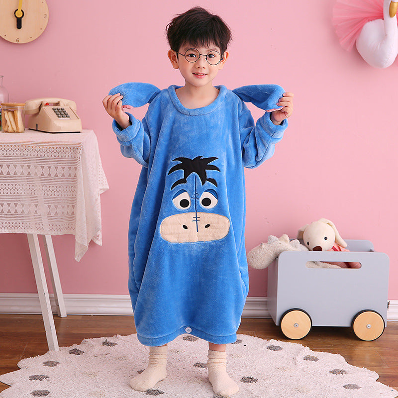 Autumn Winter Plush Kids Baby Boy Girl One-piece Cute Cartoon Coral Pajamas