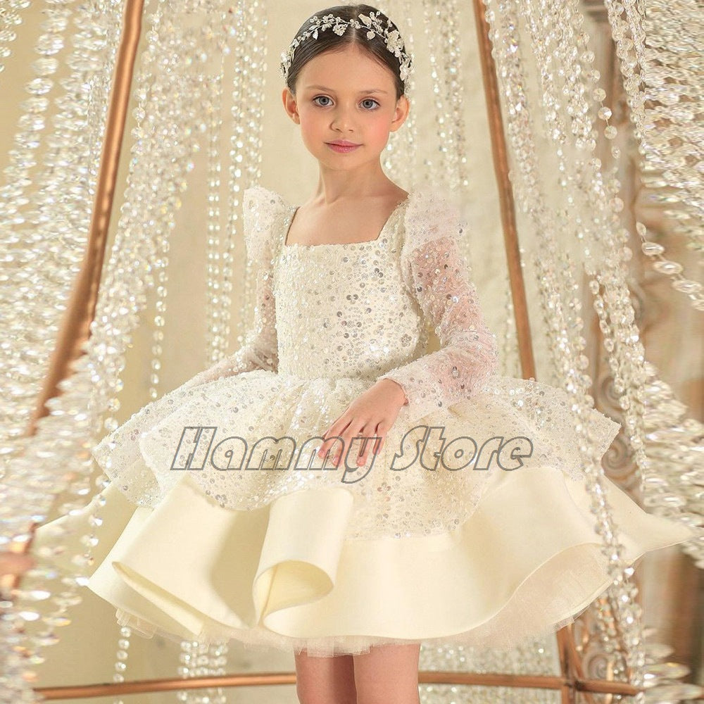 Kid Girls Sequin Princess Bow Long Sleeve Birthday Dress