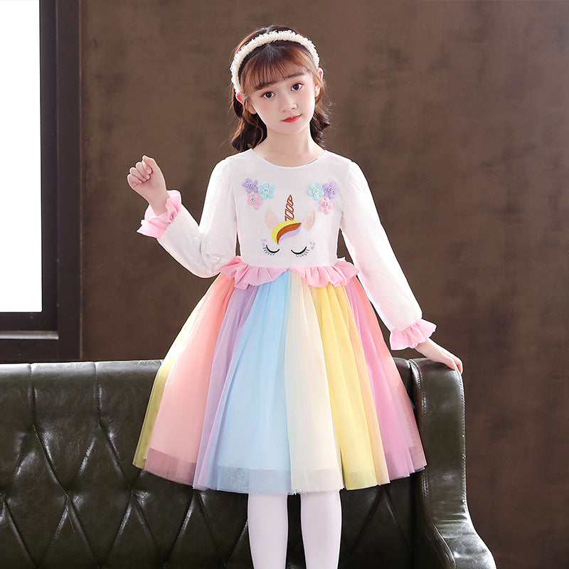 Autumn Spring Kids Girl Unicorn Long Sleeve Dresses
