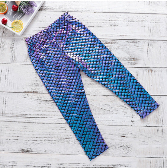 Kid Baby Girl Pants Blue Magic Color Fish Scale Gradual Leggings