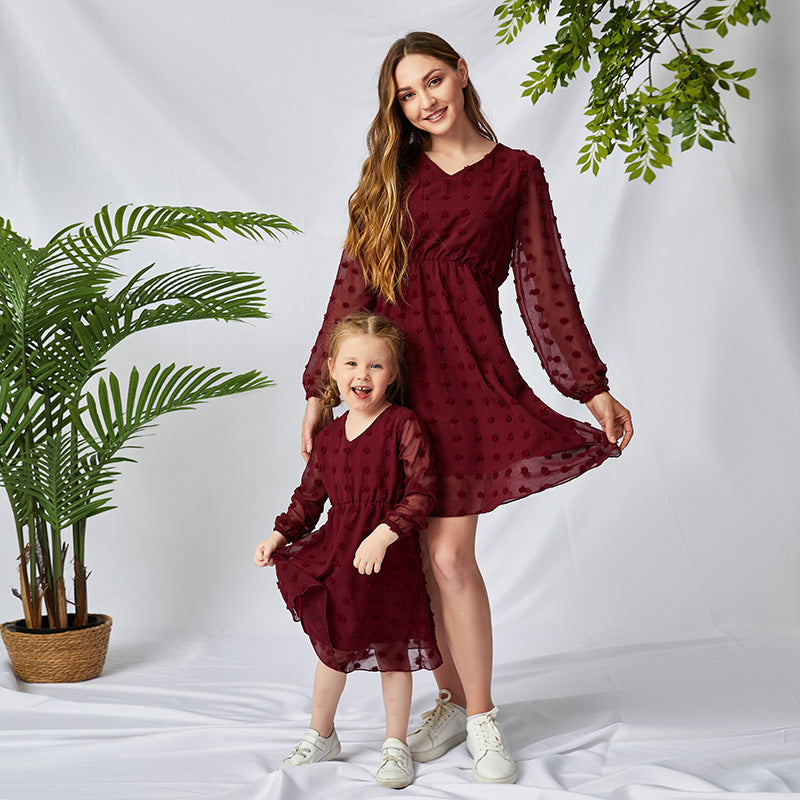 Family Matching Mother Daughter Flowing Doll Chiffon Long Sleeve Lovely Dresses