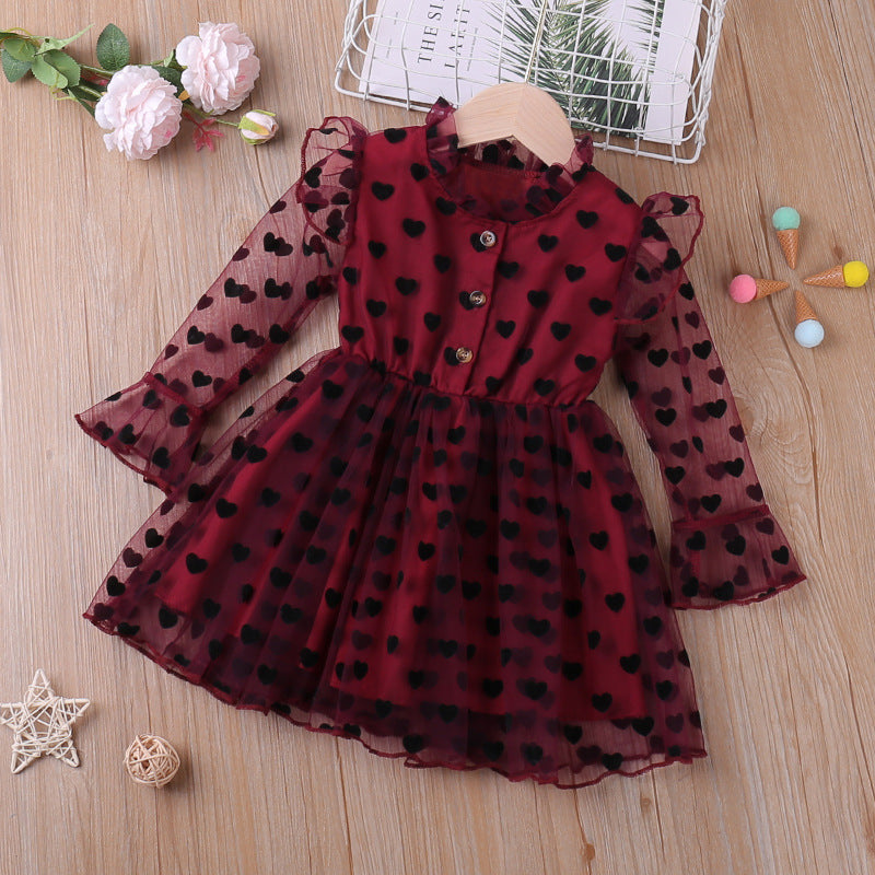 Kid Baby Girl PrincessSpring Summer Sweet Love Flocking Gauze Dresses