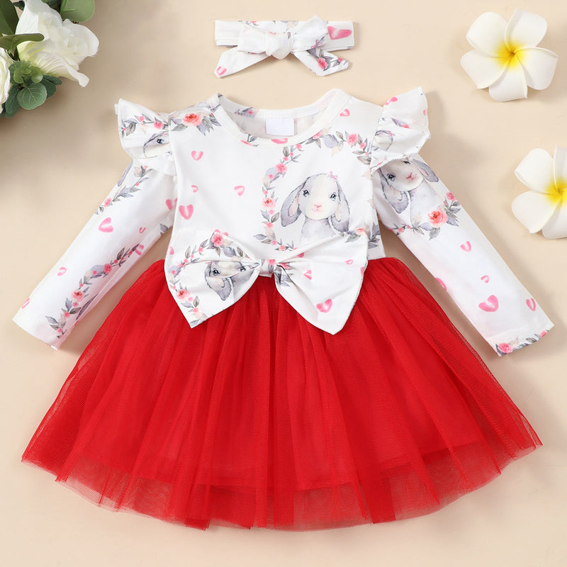 Baby Girl Rabbit Print Big Bow Long Sleeves Spring Dresses