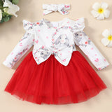 Baby Girl Rabbit Print Big Bow Long Sleeves Spring Dresses