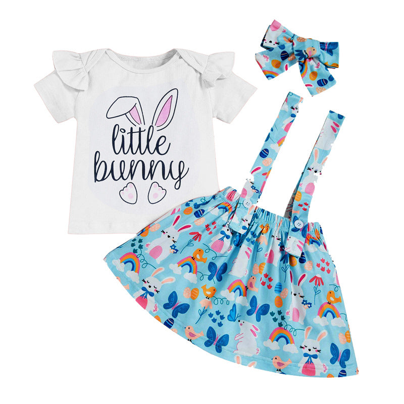 Kid Baby Girls Suit Summer Easter Letter Rabbit Print Strap 3 Pcs Set
