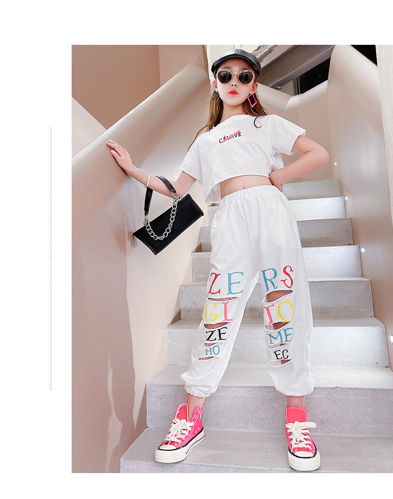 Kid Teenager Girls Summer Fashion Streetwear Ripped Cotton 2 Pcs Sets