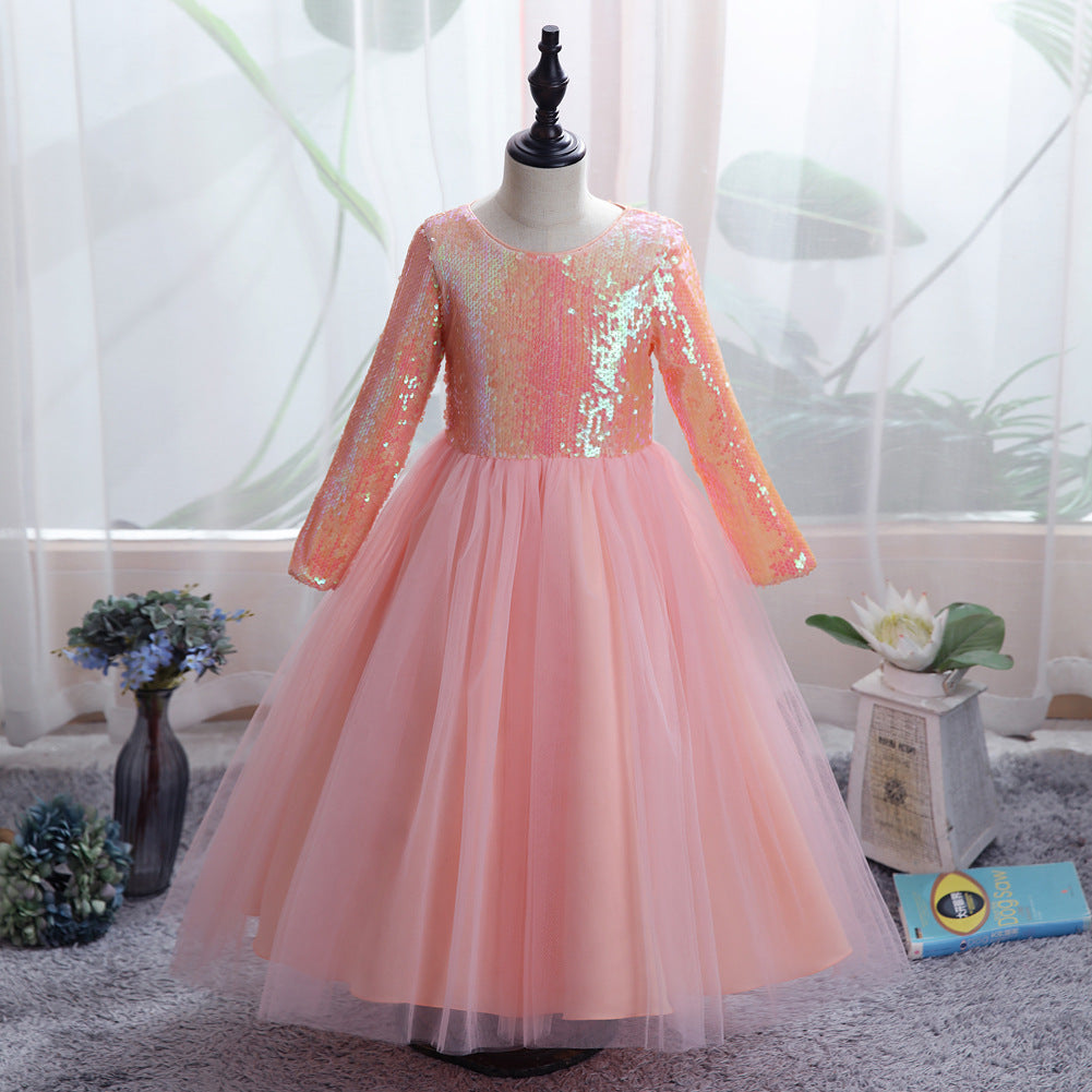 Kid Girl Sequins Puffy Long-sleeved Mesh Princess Dresses