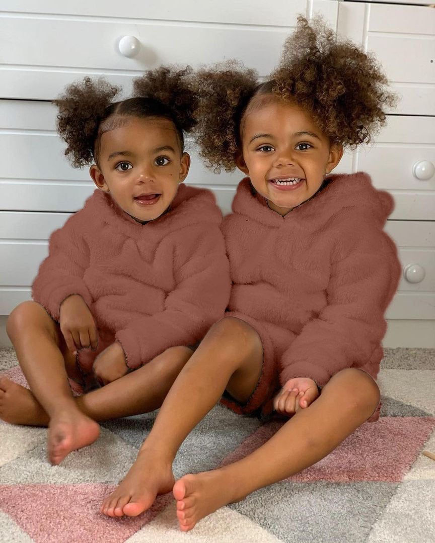 Baby Kid Boys Girls Long Sleeve Velvet Hood Spring 2 Pcs Sets