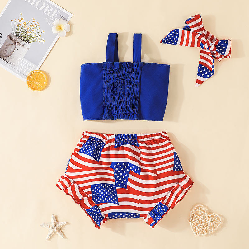 Baby Girls Striped Bow Suspender Holiday Independence Day Rompers
