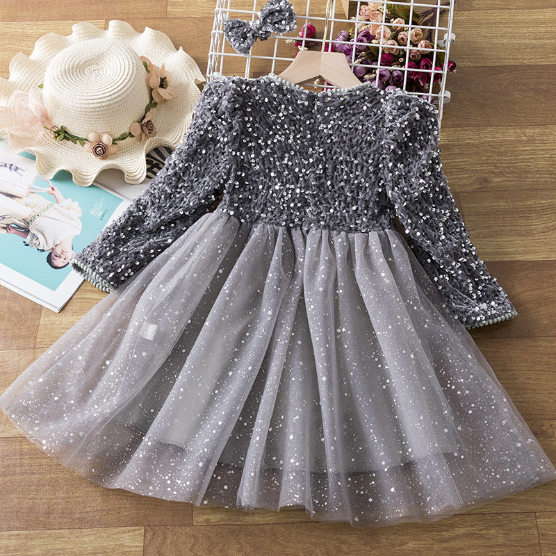 Kid Baby Girl Long Sleeve Sequin Princess Gauze Poncho Dress