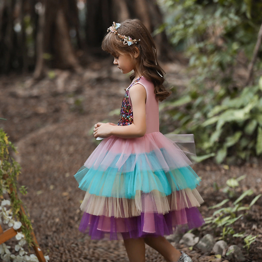 Kid Baby Girl Puffy Princess Colorful Sequins Layer Color Dresses