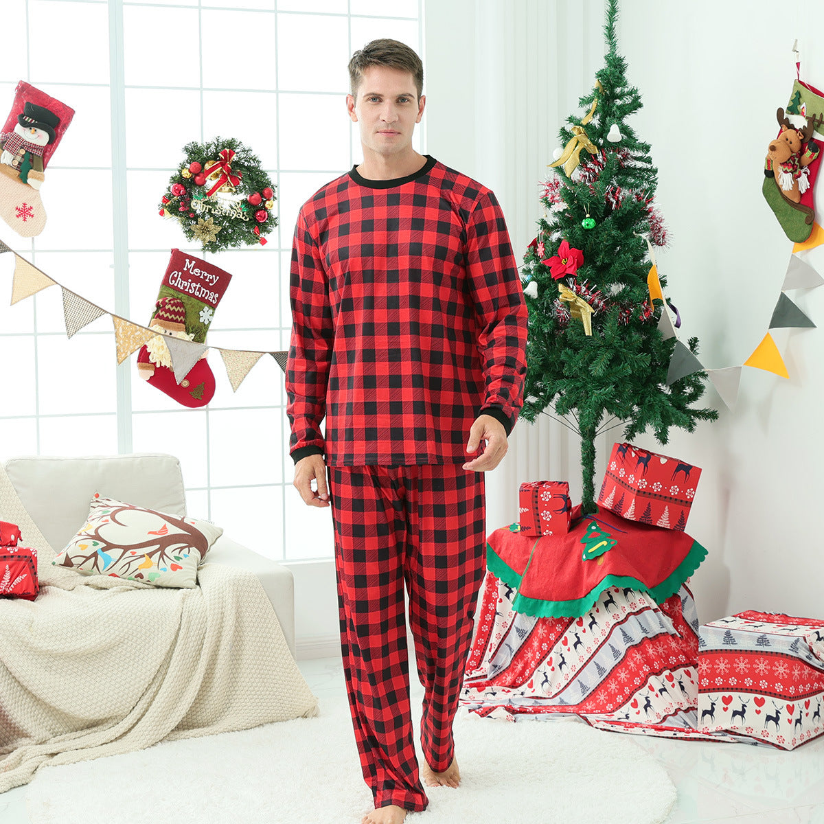 Family Matching Christmas Home Red Plaid Long-sleeved Pajamas