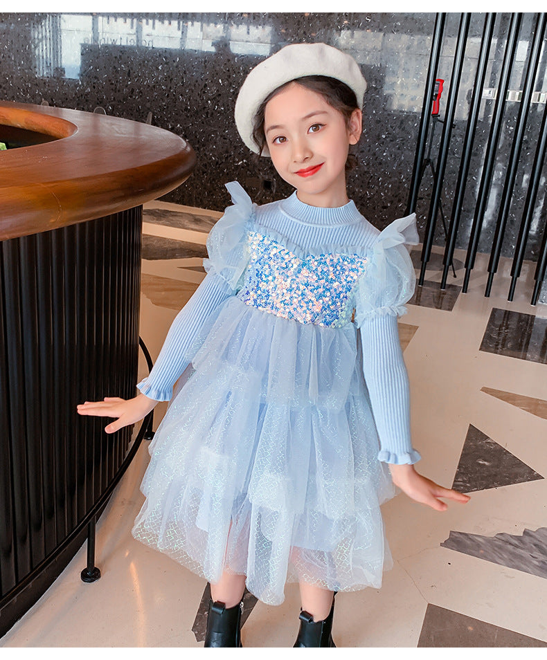 Kid Baby Girl Princess Autumn Knitted Sequins Cake Dress