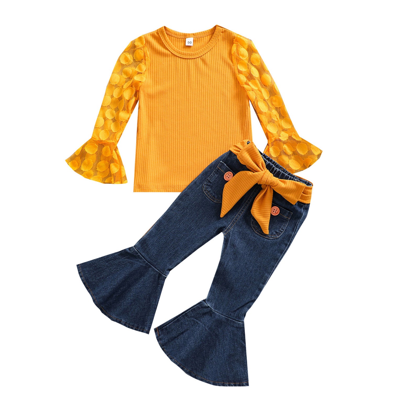 Kid Baby Girl Suit Pure Yellow Hooded Bell-bottom Sets 2 Pcs
