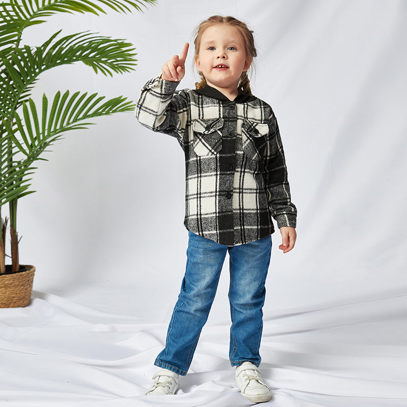 Family Matching Adult Kid Padded Black Plaid Hooded Shirt