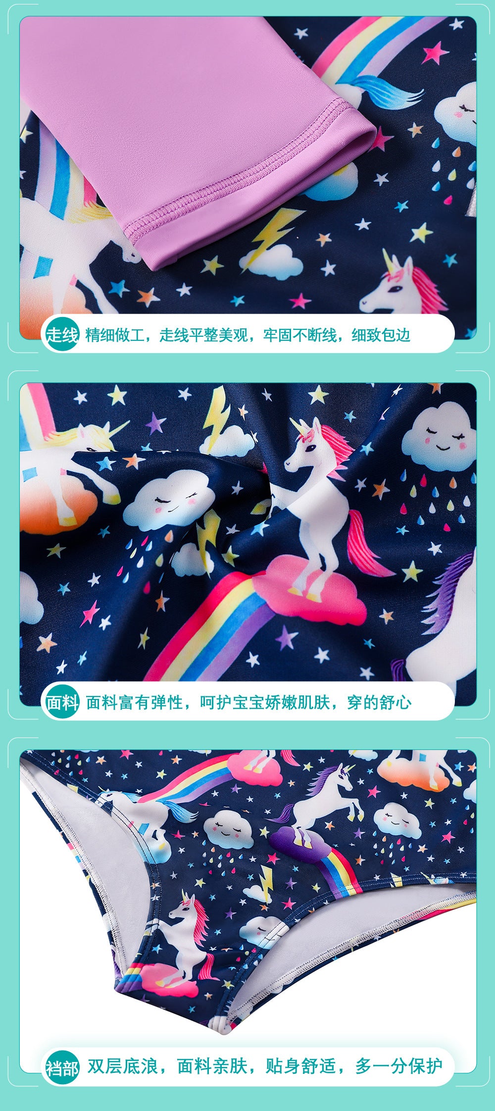 Kid Girls Swimsuit One-piece Long-sleeved Unicorn Cartoon Swimwear