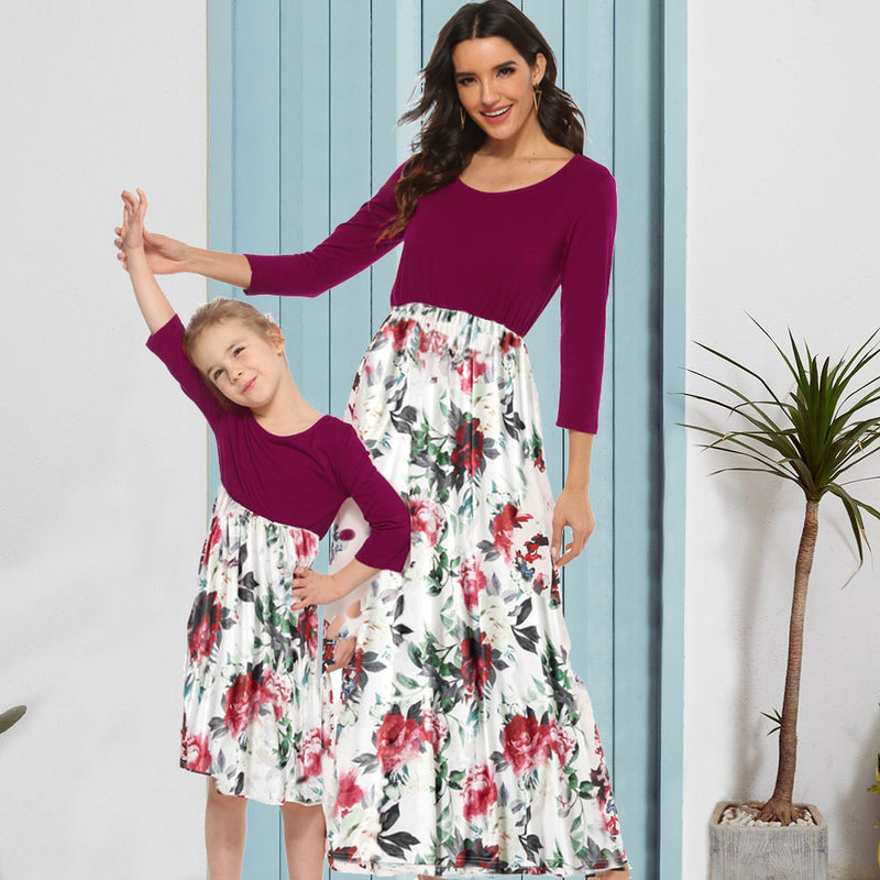 Family Matching Mother Daughter Printed Stitching Dress