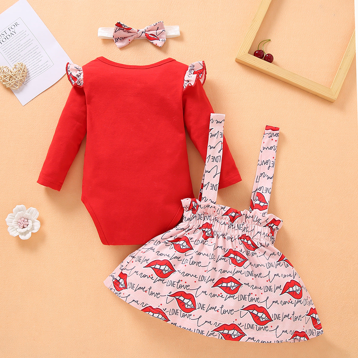 Baby Girl Valentine's Day Long Sleeves Bodysui 3pcs Sets