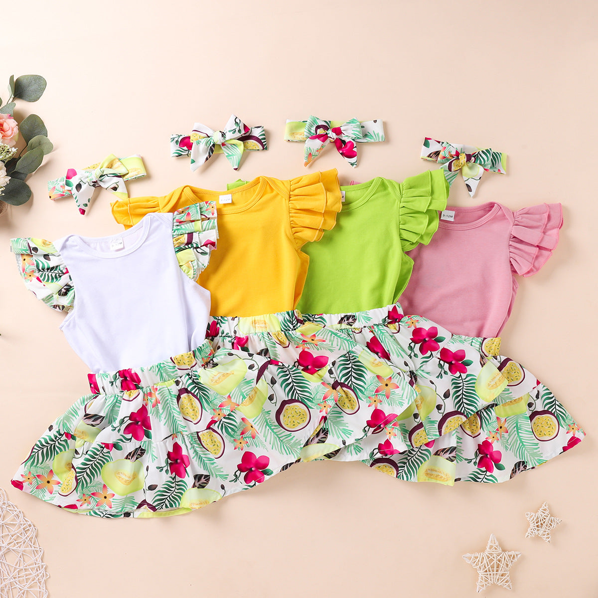 Baby Girls Flying Sleeves Round Collar Ins Fashion 3 Pcs Set