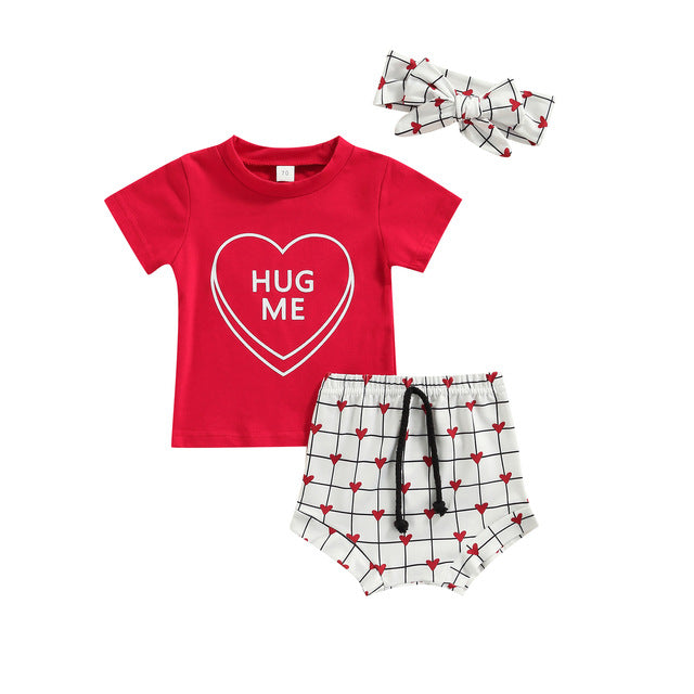 Baby Girl Valentine's Day Love Printed Short Sleeve 3 Pcs