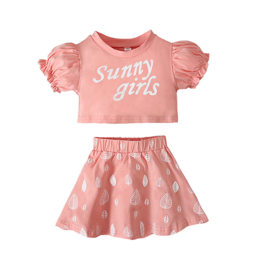 Kid Baby Girl Suit Letter Bubble Cuff Short Sleeve 2 Pcs Sets