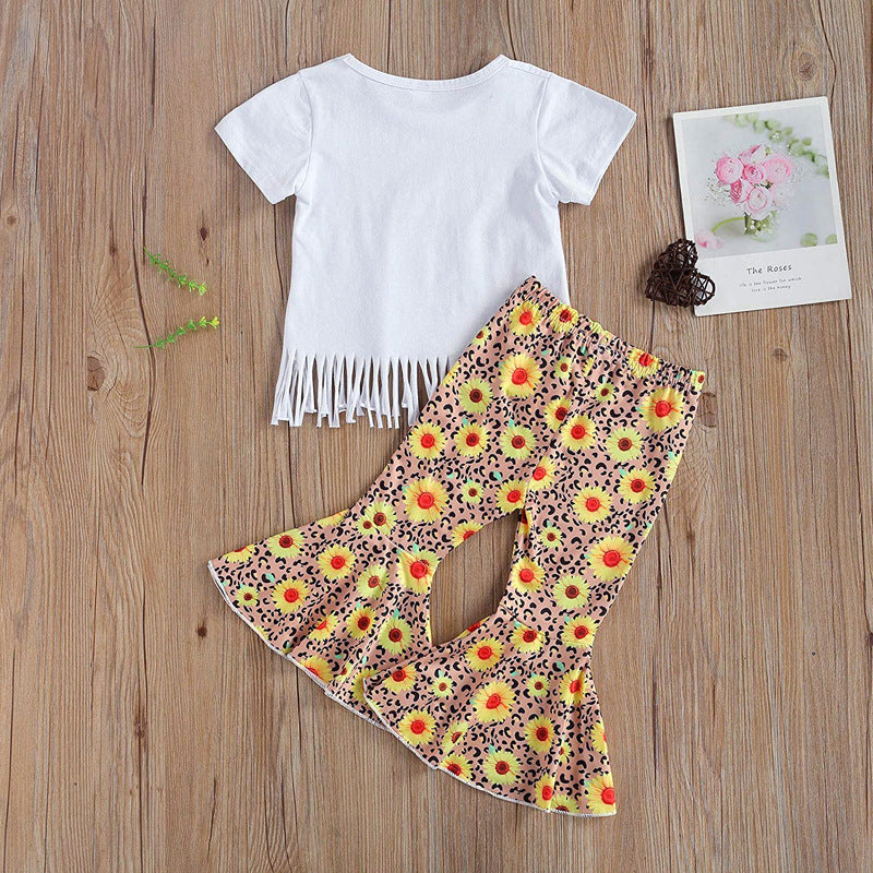 Kid Baby Girl Cow Short Sleeve Tassel Ins 2 Pcs Set