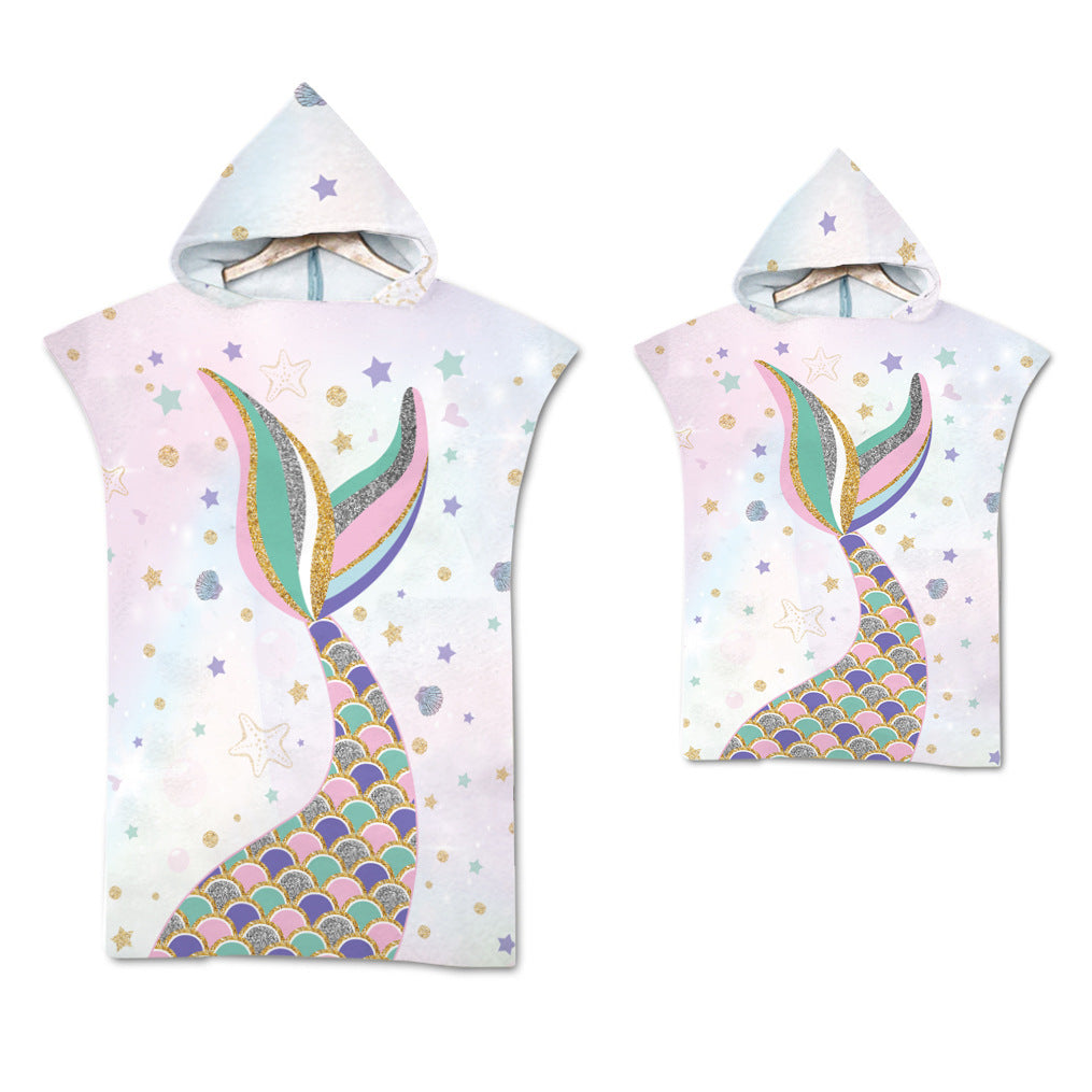 Mermaid Hooded Microfiber Fabric Beach Towel Bathrobe Pajamas for Adult Kid